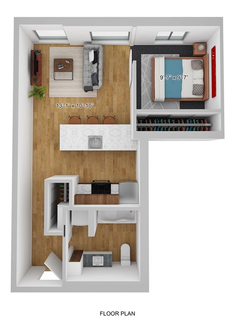 Floor plan for 1 bed, 1 bath, 555 sqft